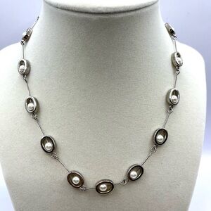 Necklace Pearl & Silver Tone Stations Oval with A Pearl Inside Unique Vintage